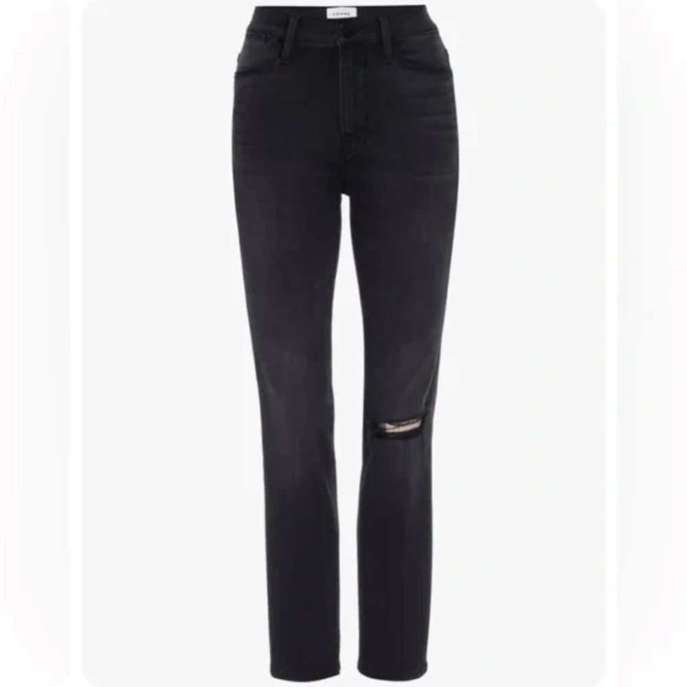 FRAME Black Le High Straight Distressed Jeans